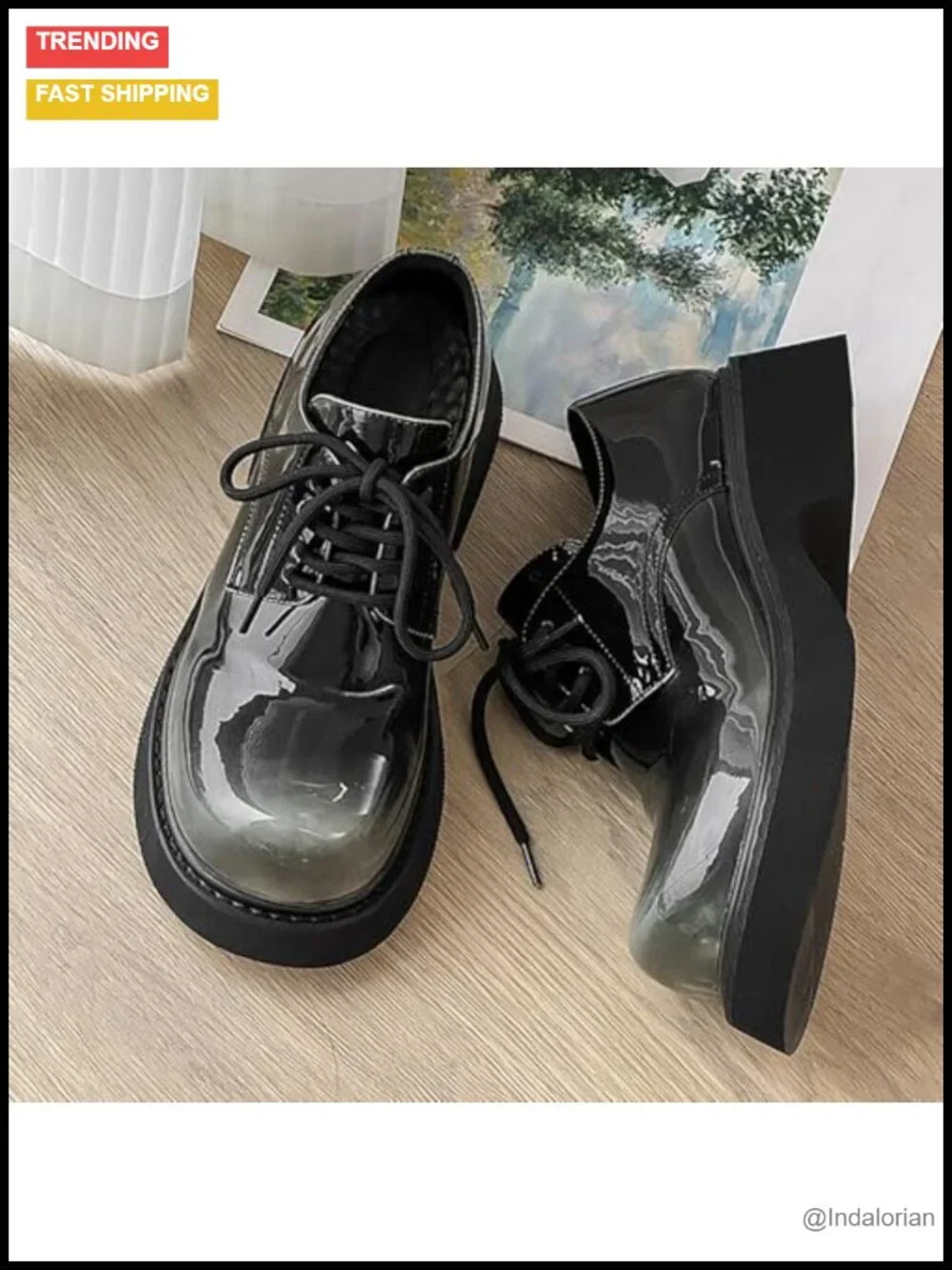 Patent Leather Chunky Platform Oxfords Lace Up Non Slip Dress Shoes